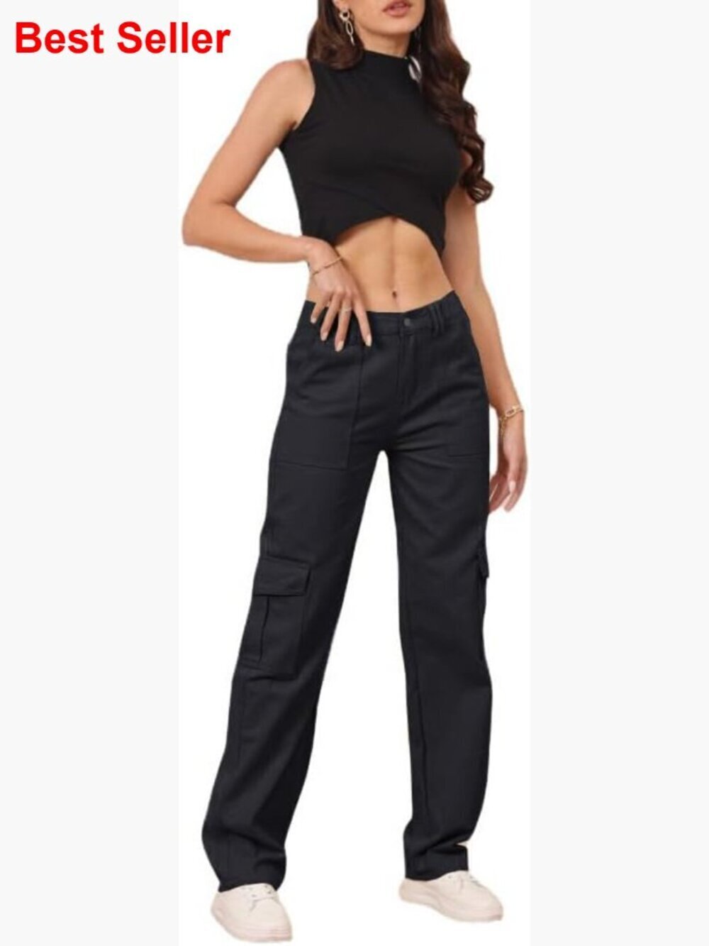 High Waisted Cargo Pants with 6 Pockets, Cotton Spandex Fabric